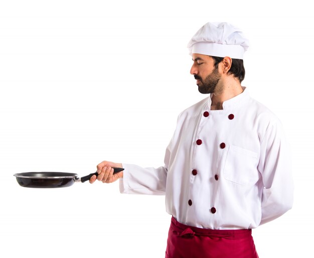 Cocinero, tenencia, freír, cacerola