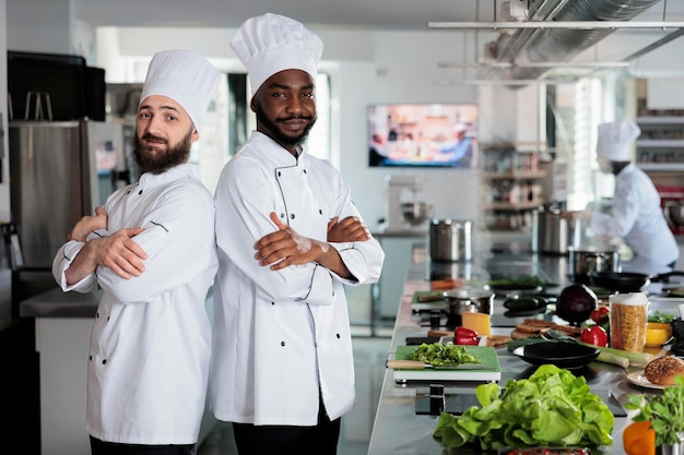 Cocineros masculinos multiétnicos de pie en la cocina profesional del restaurante con los brazos cruzados mientras preparan los ingredientes para el plato. Expertos culinarios con sombreros de chef mientras están cerca de la estación de cocina.