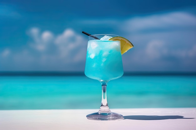 Cóctel azul sobre la arena blanca de una playa paradisíaca con el mar de fondo Copia espacio Ai generativo