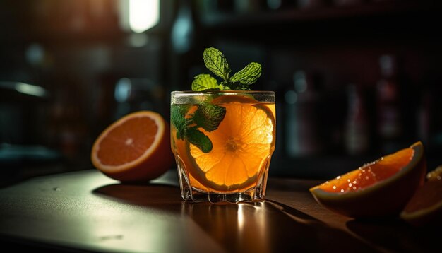 Cóctel de frutas frescas en una mesa de madera con hielo generado por IA