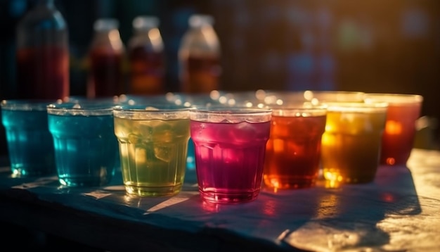 Cócteles multicolores en la barra de bar iluminan la vida nocturna generada por AI