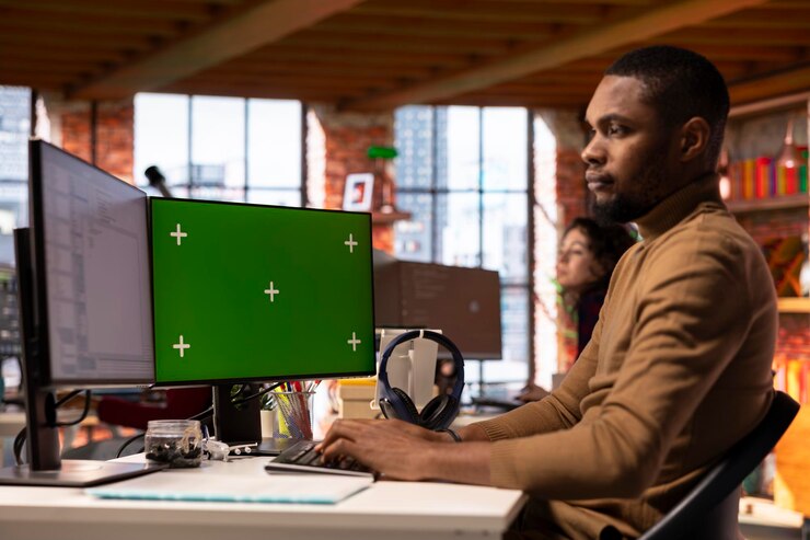 Foto gratuito codificación de programador en la oficina de inicio de ia usando una pc de pantalla verde