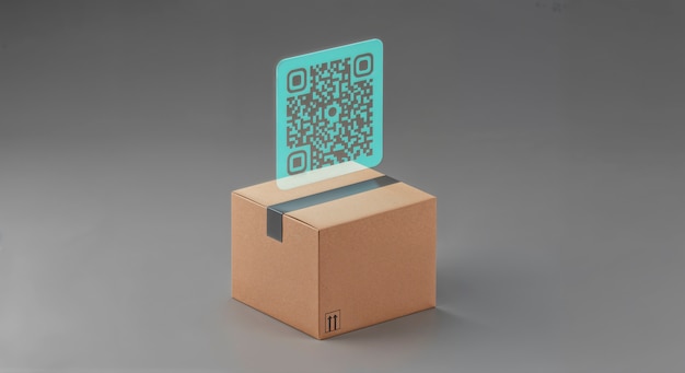 Código Qr en una caja de cartón concepto de comercio electrónico y envío