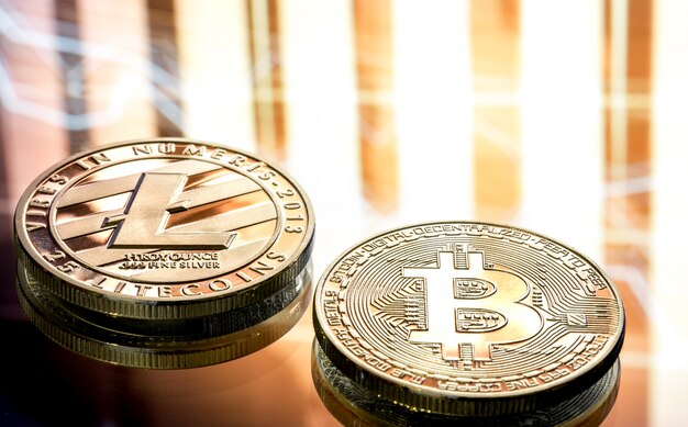 Coin litecoin y Bitcoin closeup sobre un hermoso fondo, concepto de una criptomoneda digital y sistema de pago