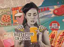 Foto gratuita colage surrealista de personas felices disfrutando de comida y bebida