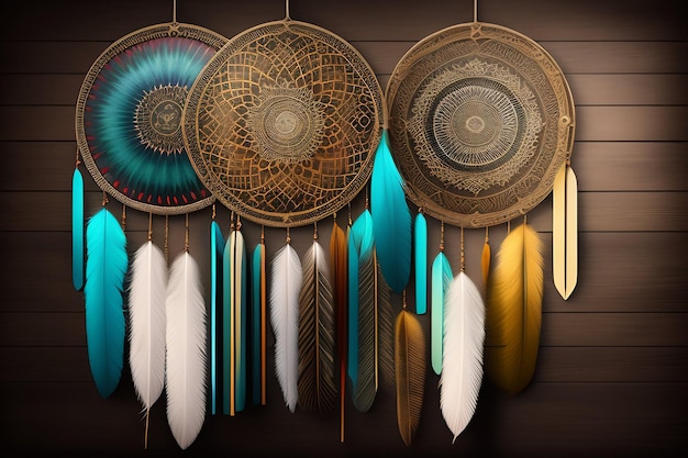 Una colección de atrapasueños nativos americanos cuelgan de una pared de madera