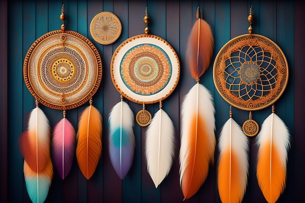 Una colección de atrapasueños con plumas en la pared.