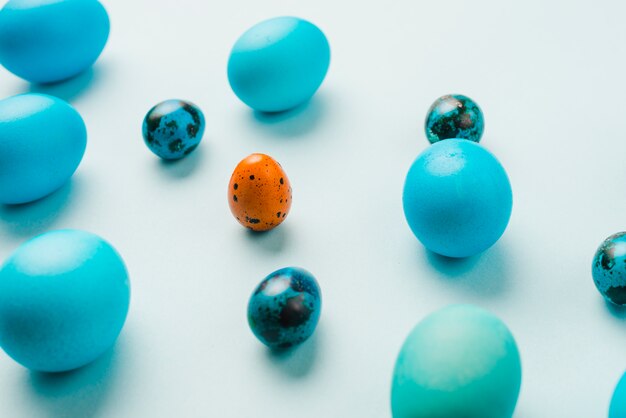 Colección azul de huevos de Pascua y huevo de codorniz naranja