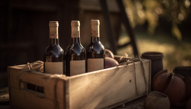Foto gratuita colección de botellas de vino en mesa de bodega rústica generada por ia