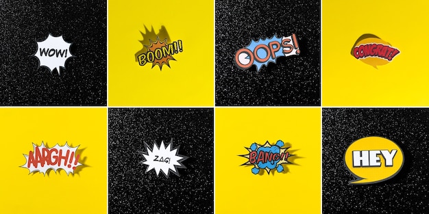 Colección de burbujas de chat de estilo cómico para diferentes palabras sobre fondo negro y amarillo
