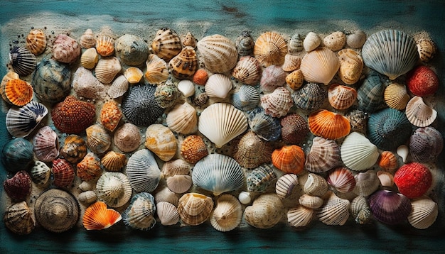 Colección de conchas marinas decora la belleza de la costa tropical generada por IA