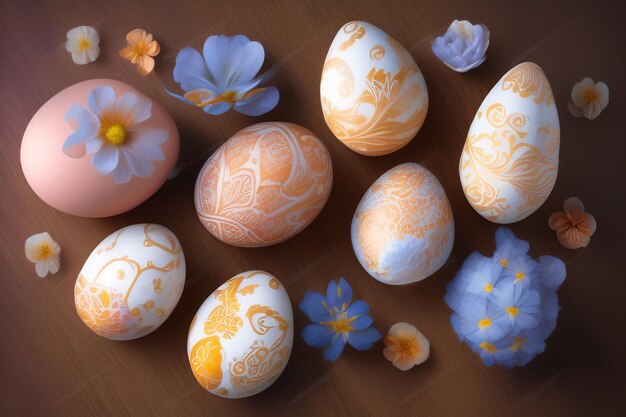 Una colección de huevos de pascua con un patrón de flores en la parte inferior.