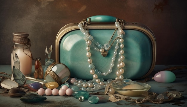 Colección de joyas antiguas, perlas, piedras preciosas y oro generado por IA.