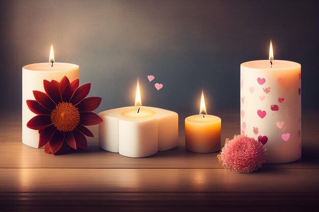 Una colección de velas con un corazón rosa en el lado izquierdo.