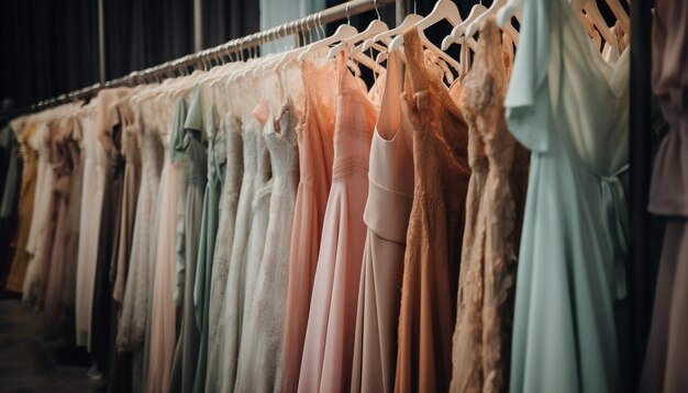 Colección de vestidos de novia de moda colgada en una boutique generada por IA