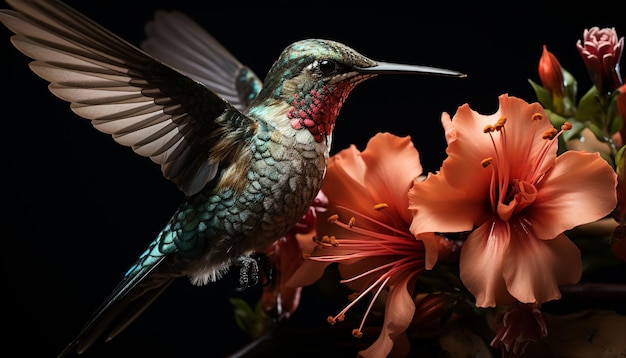 Foto gratuita un colibrí flota polinizando una flor que muestra colores vibrantes en la naturaleza generados por inteligencia artificial