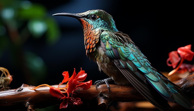 Foto gratuita colibrí posado en una rama de colores vibrantes en la selva tropical generada por inteligencia artificial
