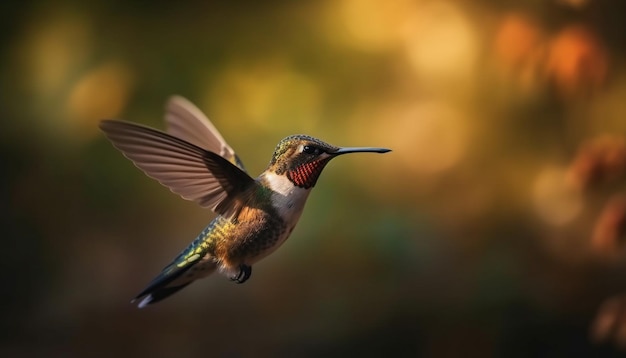 Colibrí rufo iridiscente flota en el aire polinizando una flor generada por IA