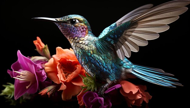 Colibrí volando colores vibrantes belleza natural en un animal generado por inteligencia artificial