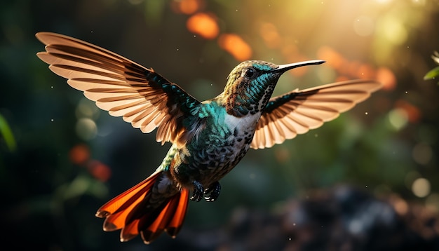 Colibrí volando plumas vibrantes belleza natural en la selva tropical generada por inteligencia artificial
