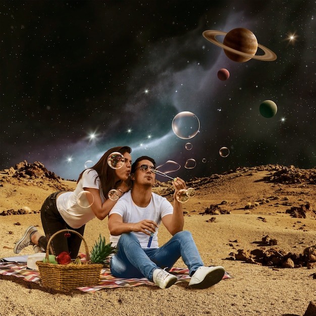 Collage de espacio con adultos jóvenes haciendo un picnic