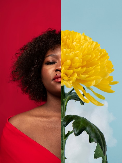 Collage de mujer y flores de vista frontal