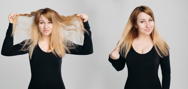 Collage de rubia con cabello después y antes del salón de belleza.