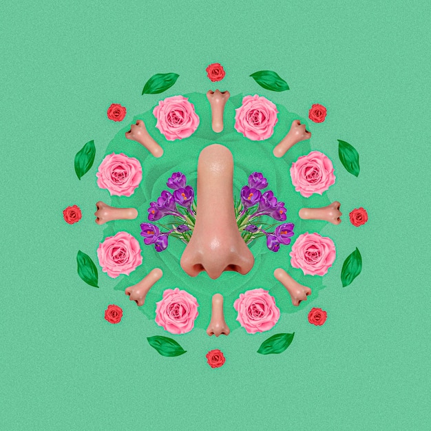Foto gratuita collage de sentido del olfato con narices y rosas.