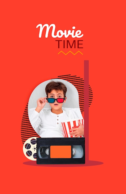 Collage sobre la hora de la película con un niño con gafas