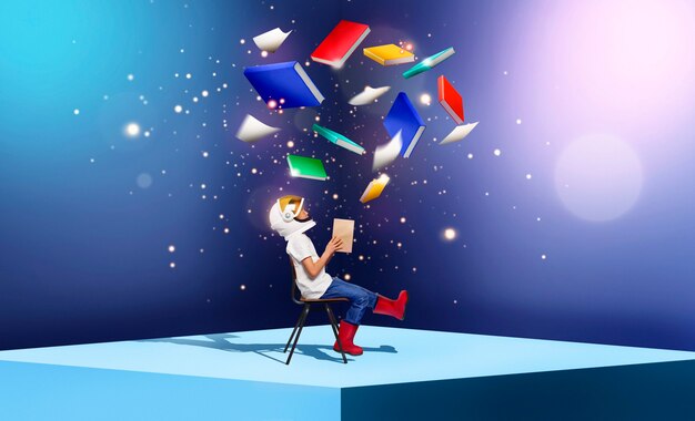 Collage sobre la infancia con un niño sosteniendo un libro
