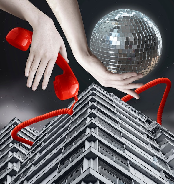 Collage vintage con bola de discoteca y teléfono