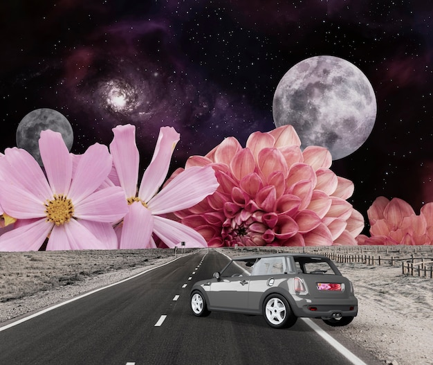 Collage vintage con coche y flores.