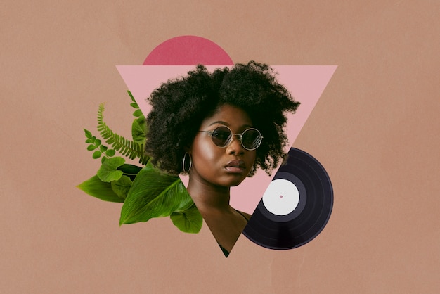 Foto gratuita collage vintage de mujer con disco de vinilo y plantas.