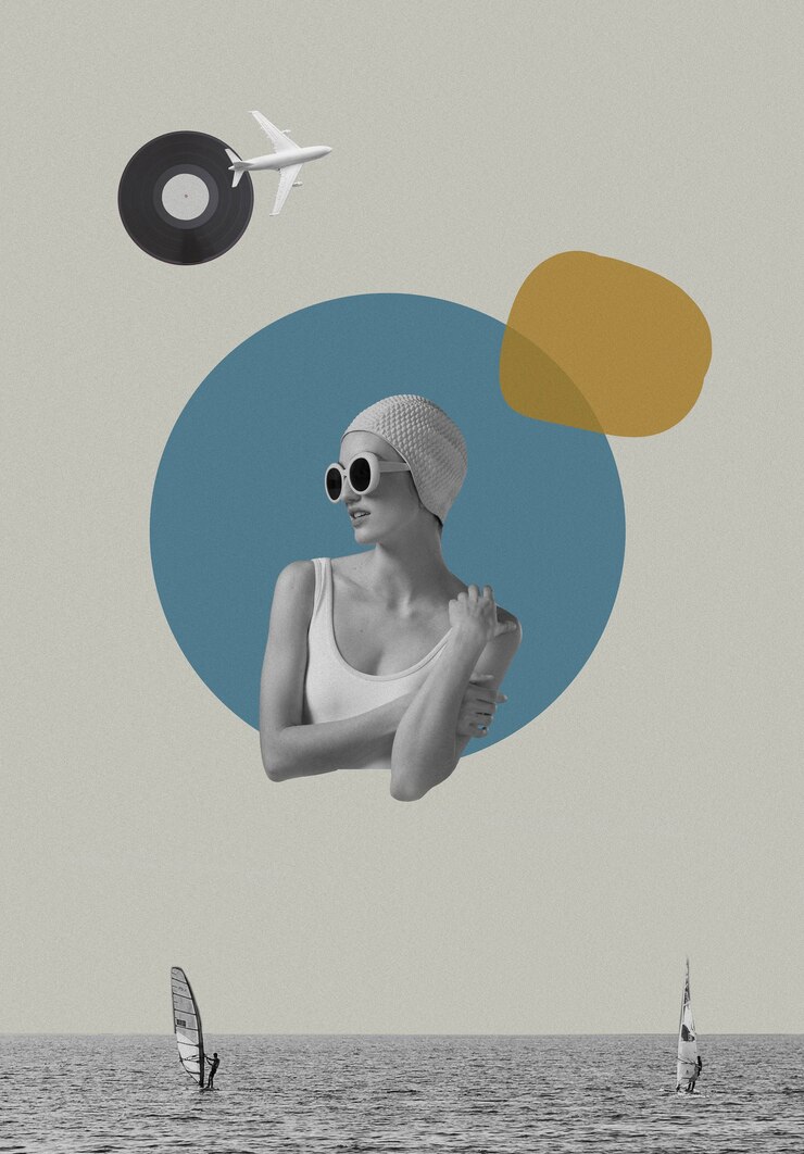 Foto gratuito collage vintage de mujer sobre el mar