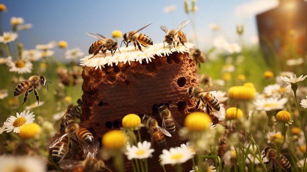 Una colmena con abejas zumbando alrededor de un campo de manzanillas.