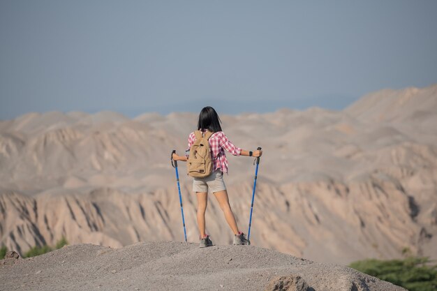 Colocar joven senderismo en las montañas de pie sobre una cresta rocosa con mochila y poste mirando el paisaje.