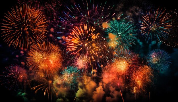 Los colores brillantes y vibrantes iluminan la explosión de fuegos artificiales en celebración generada por IA