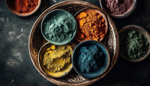 Colores vibrantes de especias indias en un tazón generado por IA