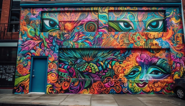 Los colores vibrantes iluminan el arte callejero de la ciudad moderna generado por IA
