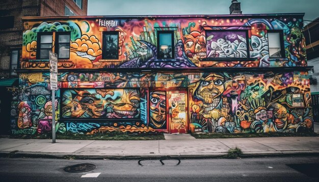 Colores vibrantes iluminan el mural de la calle de la ciudad caótica IA generativa