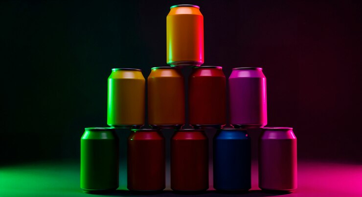 Foto gratuito colorful stack of soda cans against a dark background