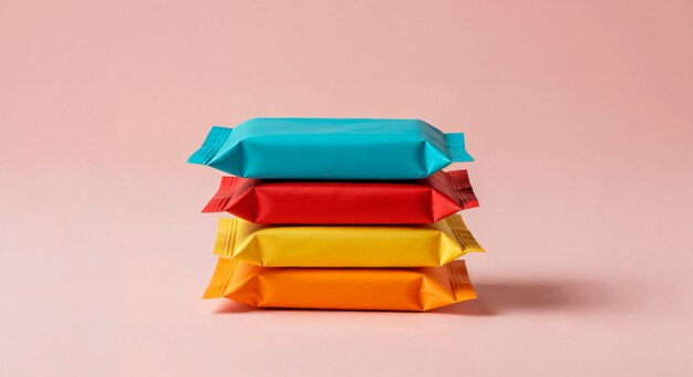 Colorful stack of wrapped candy bars