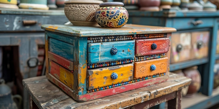 Foto gratuito una colorida caja de madera se coloca en un taburete de madera en esta pieza de arte