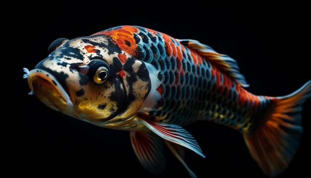 Colorida cola rayada de carpa koi en movimiento bajo el agua generada por IA