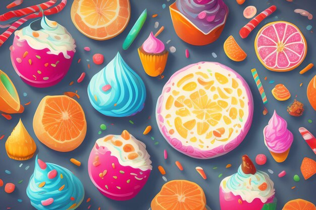 Una colorida ilustración de cupcakes y dulces sobre un fondo azul.