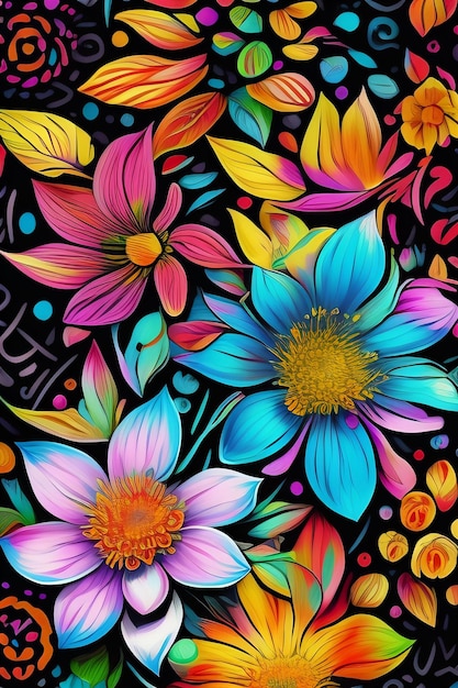 Una colorida pintura floral con un patrón de flores de colores.