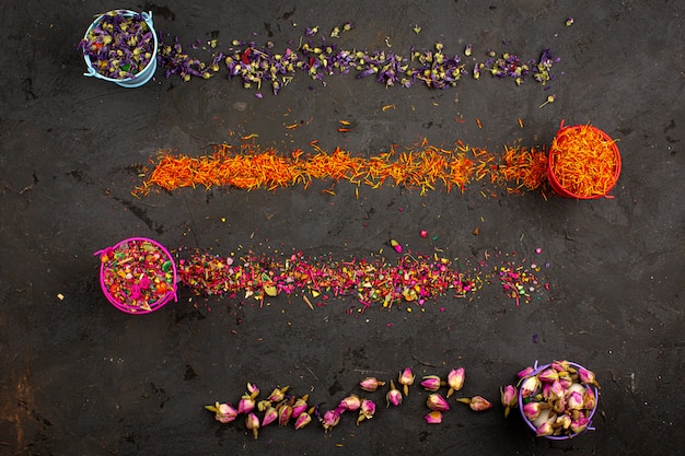 Foto gratuita coloridas piezas de flores multicolores dentro de macetas y una vista superior sobre el oscuro escritorio