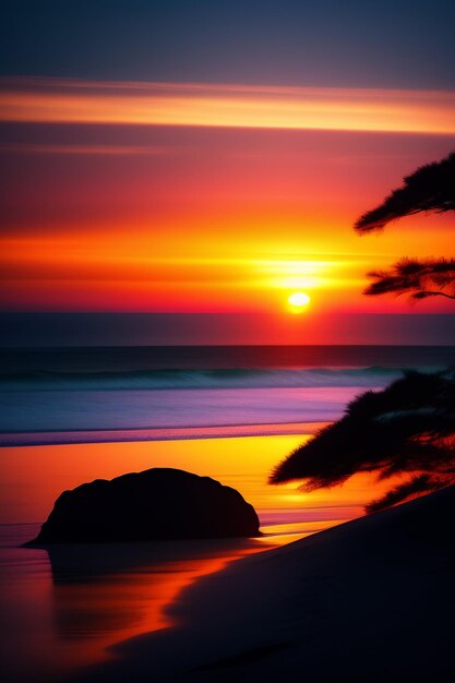 Un colorido atardecer con un árbol en primer plano