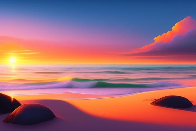 Un colorido atardecer en la playa con un cielo rosa y una gran roca en la arena.