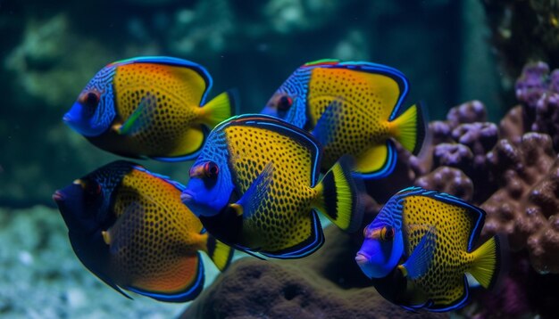 Colorido banco de peces payaso en un vibrante arrecife de coral generado por IA